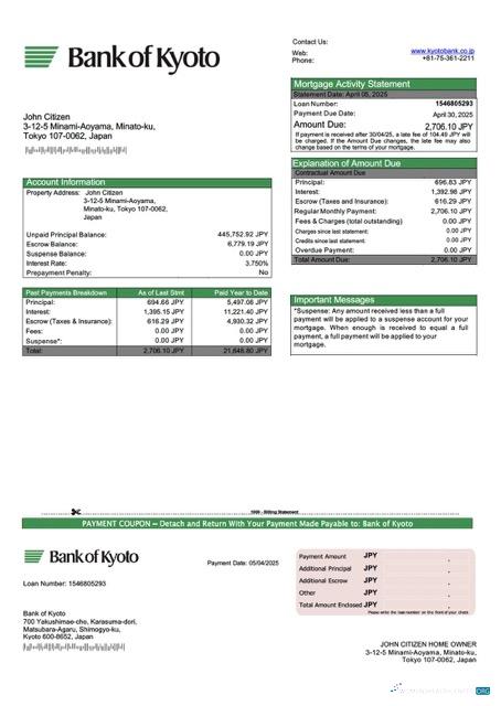 Download Japan Bank of Kyoto mortgage statement Word and PDF template Photoshop template